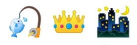 3 émojis : canne à pêche et poisson, couronne, ville de nuit