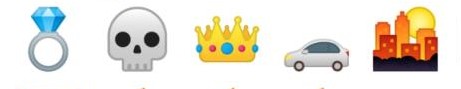 5 émojis : bague de fiançailles, crâne, couronne, belle voiture, ville de nuit